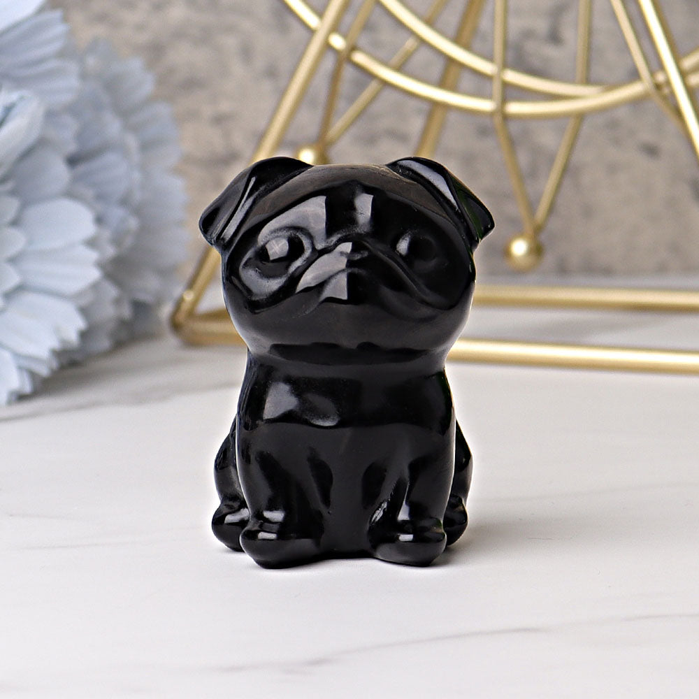 Figurine de chien carlin en cristal d'obsidienne noire de 2,3 pouces