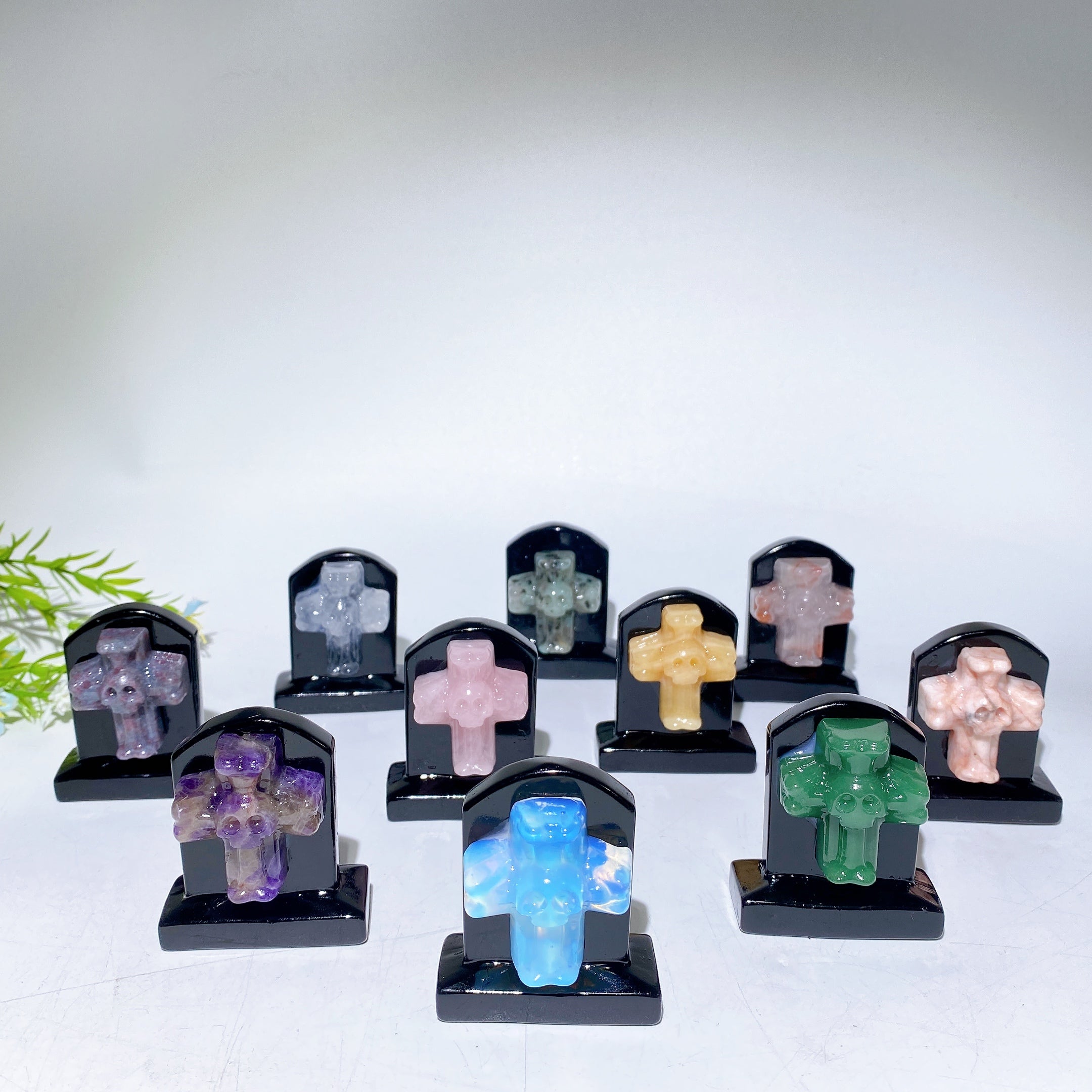 2.3-inch Black Obsidian Tombstone Crystal Figurine with Cross Skull