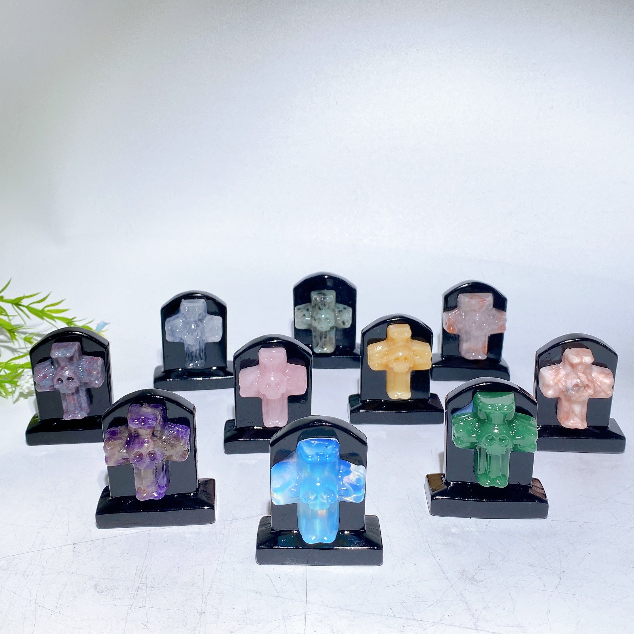 2.3-inch Black Obsidian Tombstone Crystal Figurine with Cross Skull