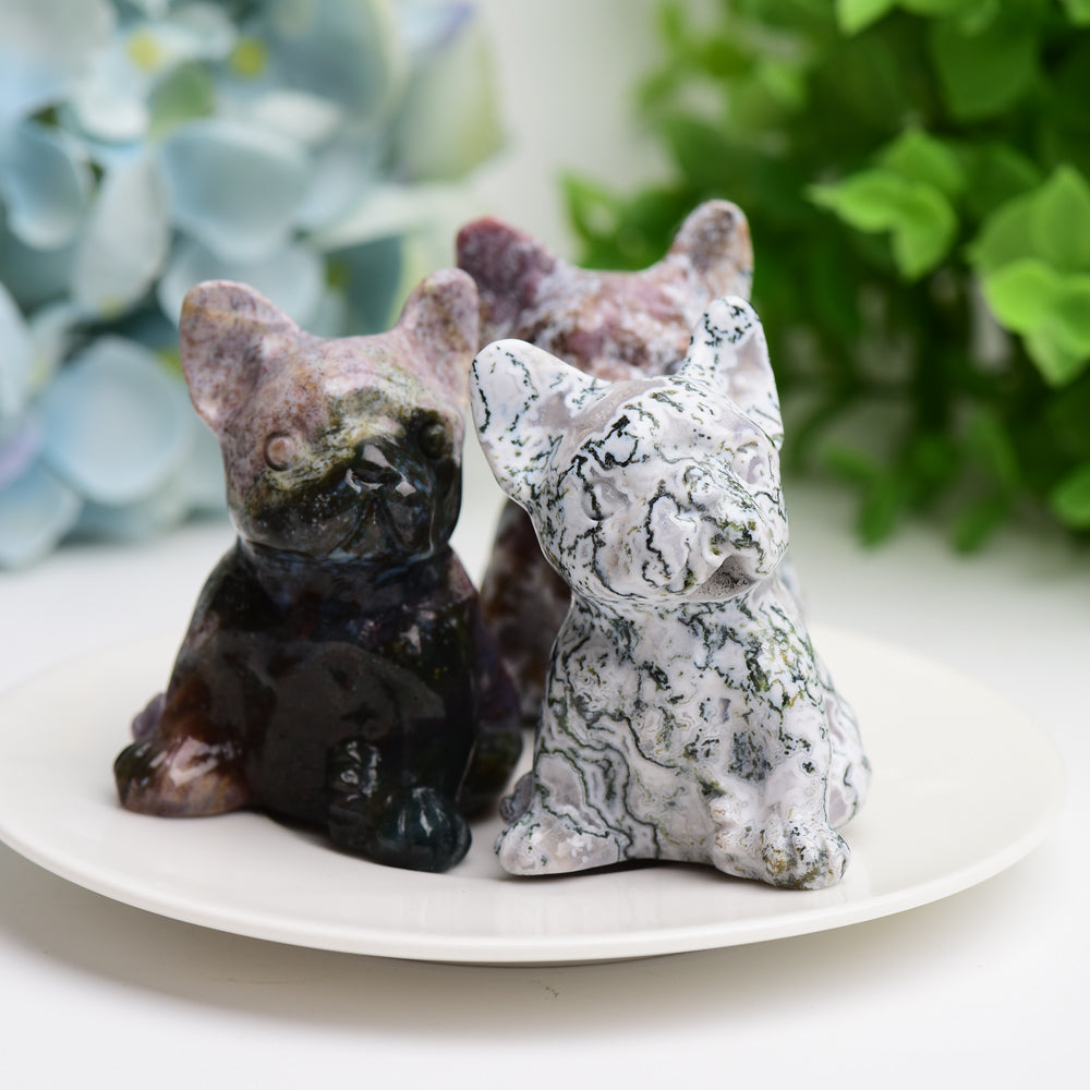 Figurine de bouledogue en cristal d'agate mousse de 2,4 pouces