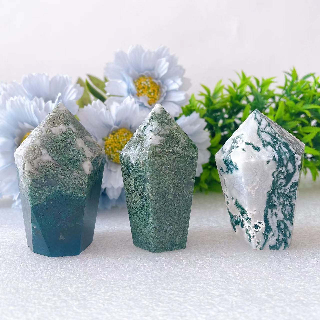 Pointe de cristal de guérison hexagonale en agate mousse de 2,5 à 2,8 pouces