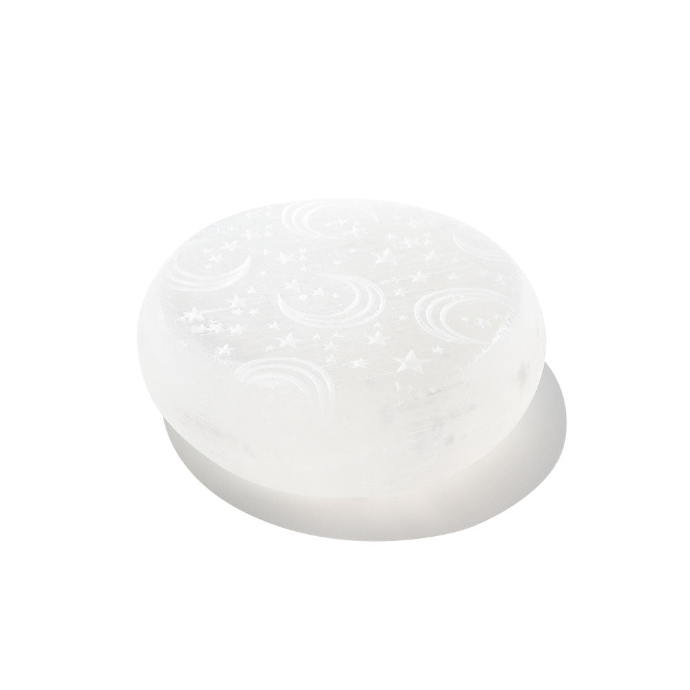 Pierre de paume en sélénite gravée au laser de 2,5 pouces pour la méditation