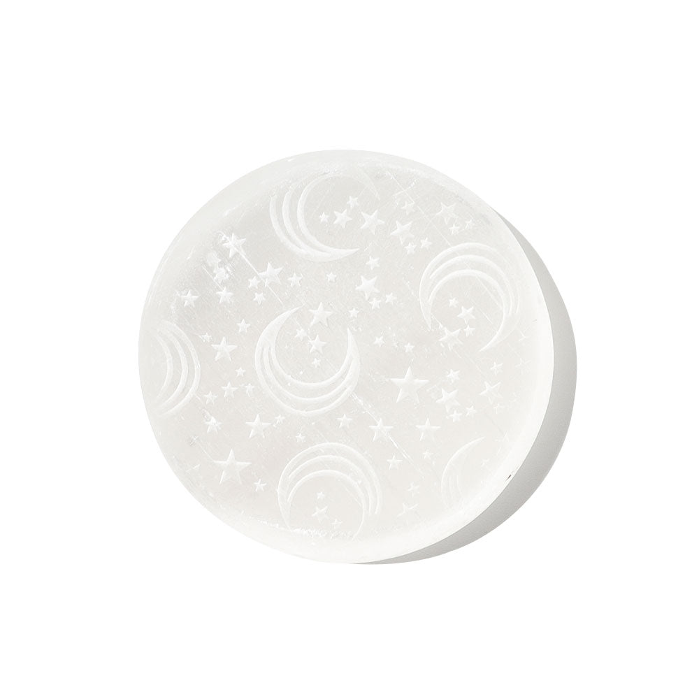 Pierre de paume en sélénite gravée au laser de 2,5 pouces pour la méditation