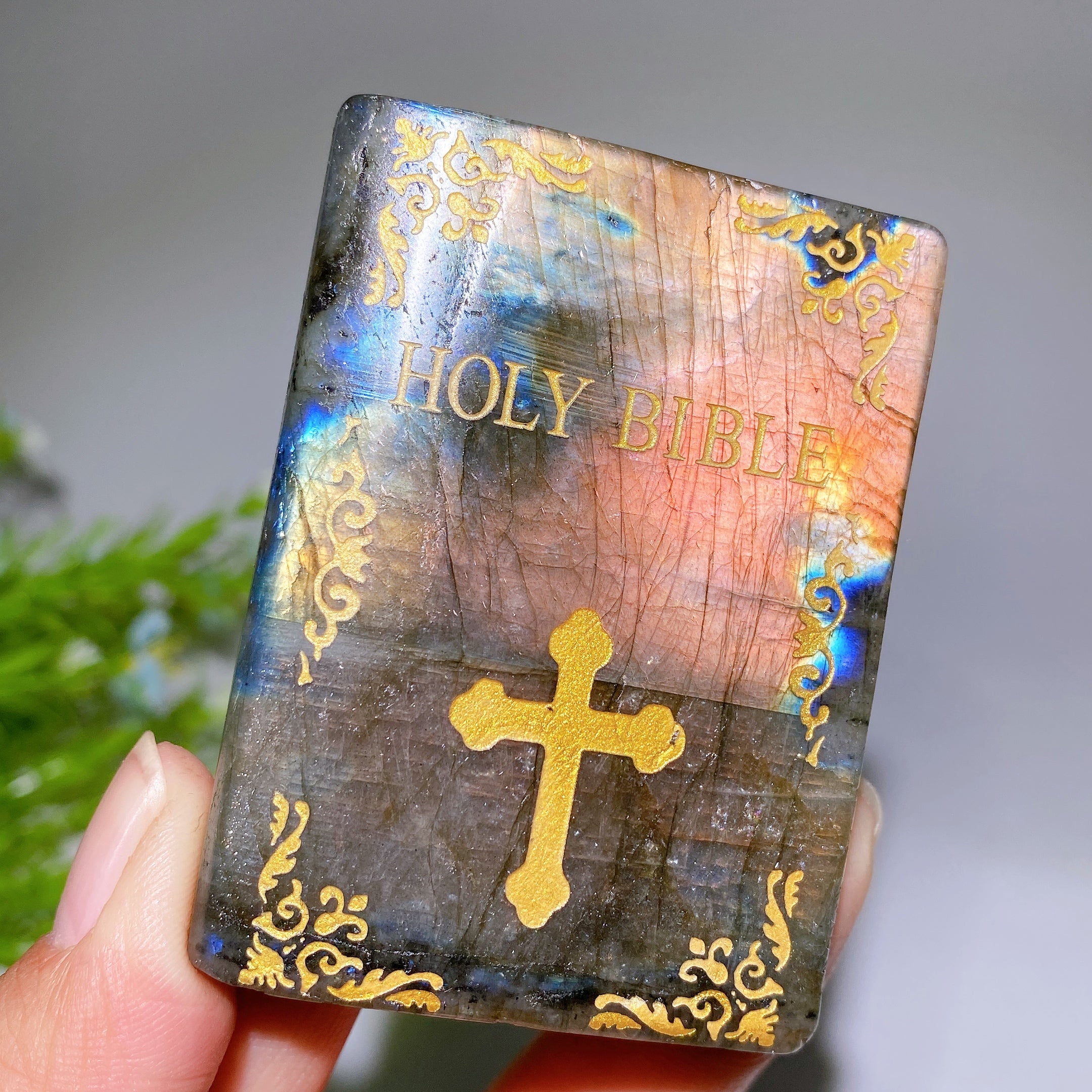 2.5" Labradorite Crystal Holy Bible Carving Figurine Healing 120g