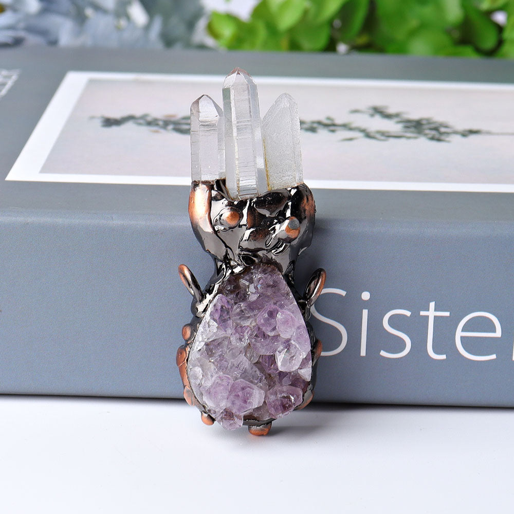 2.6 Inch Raw Amethyst Cluster Pendant with Clear Quartz