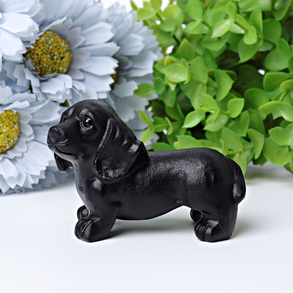 Figurine de chien en cristal de guérison en obsidienne noire de 2,7 pouces