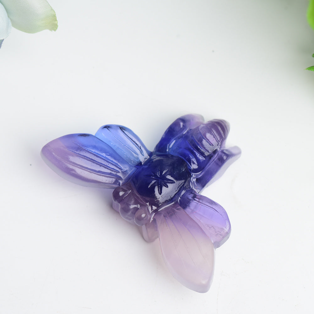 Sculpture d'animal en cristal de fluorite violette de 2,7 pouces, représentant une abeille