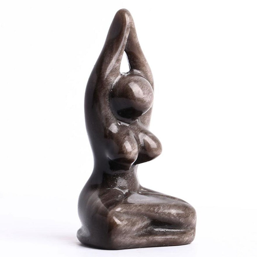 Figurine sculptée en cristal d'obsidienne argentée de 2,7 pouces