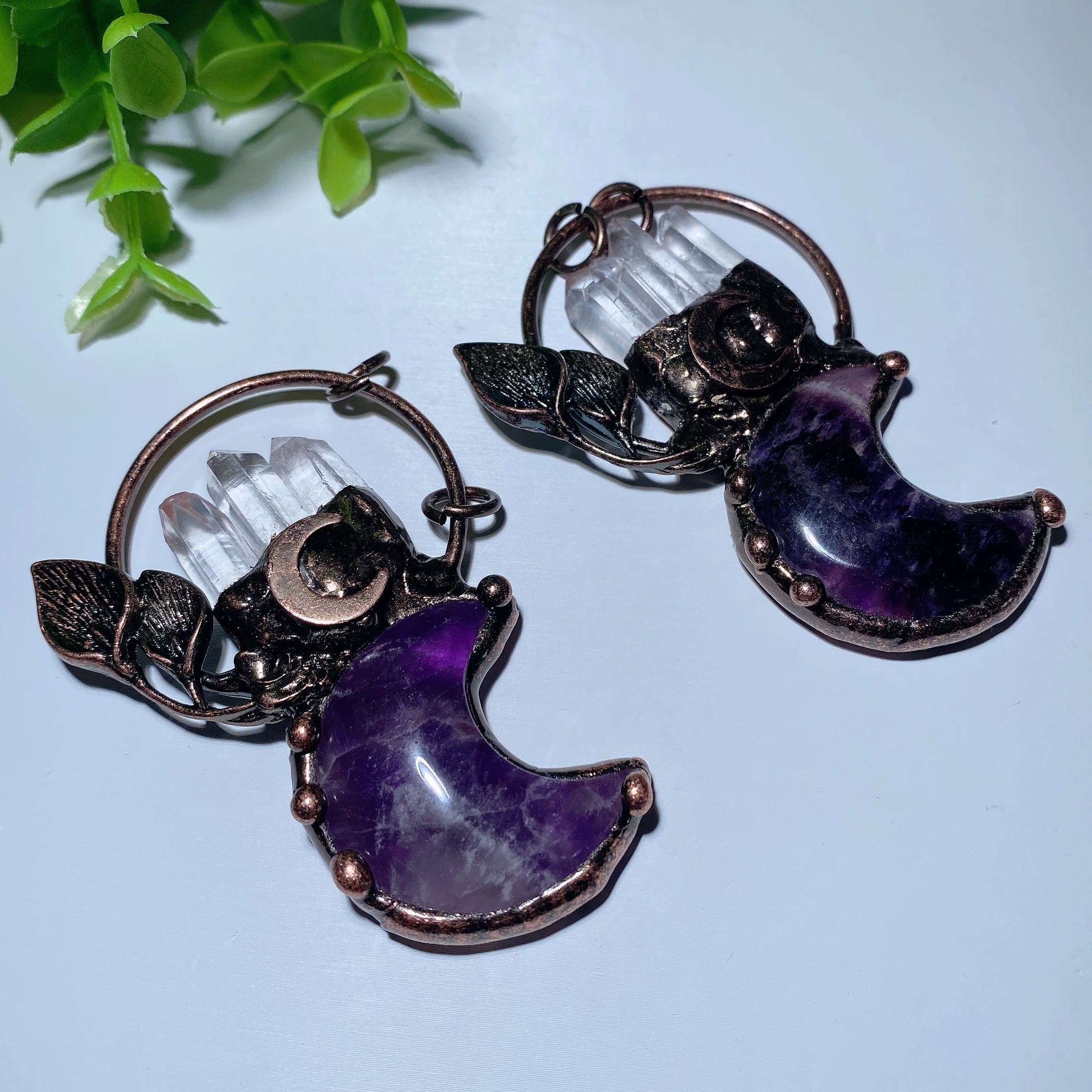 2.8 Inch Amethyst Moon Pendant with Clear Quartz Crystal
