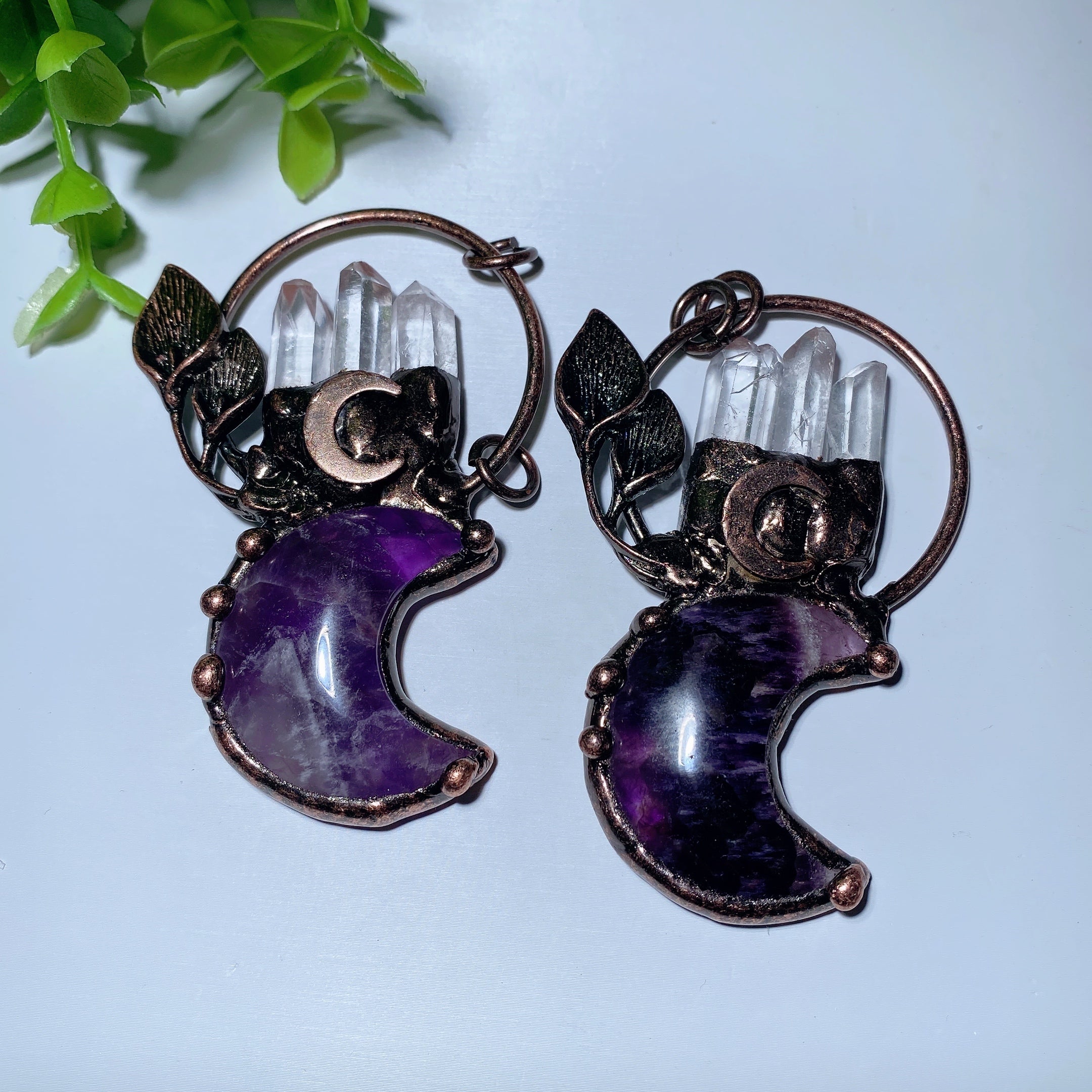 2.8 Inch Amethyst Moon Pendant with Clear Quartz Crystal