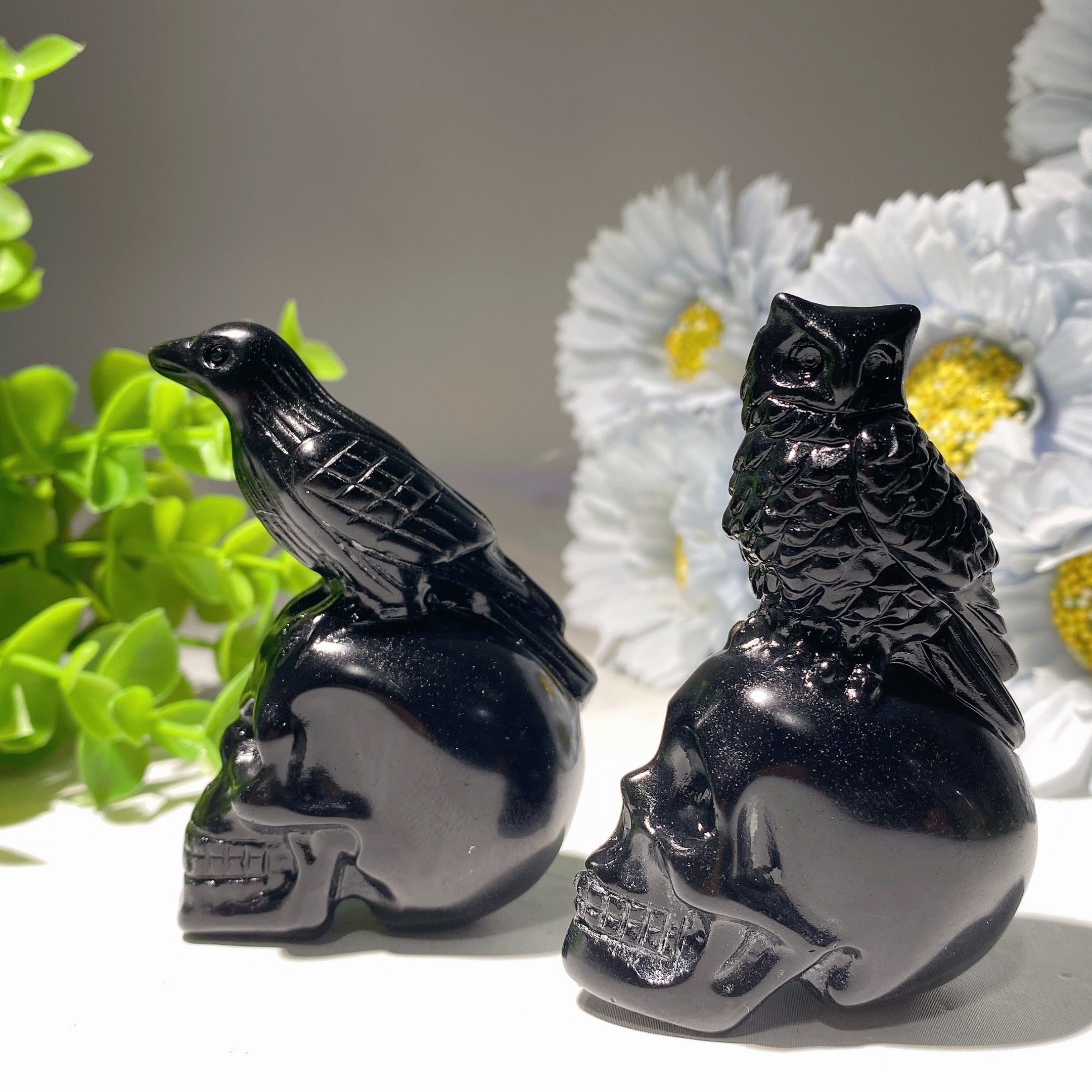2.8 inch Black Obsidian Skull with Raven or Owl Carvings