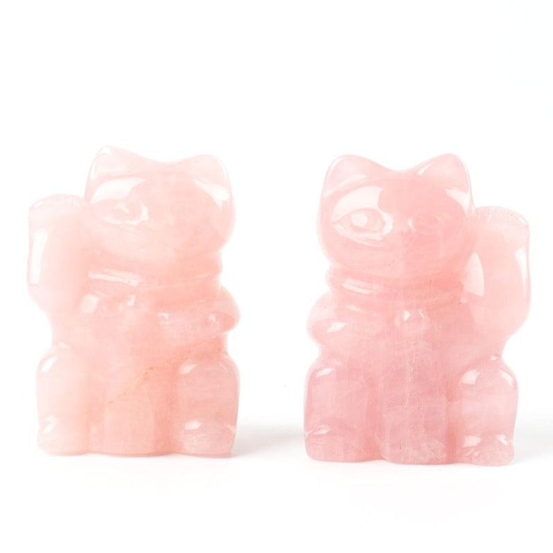 Sculpture de chat porte-bonheur en cristal de quartz rose de 2 pouces
