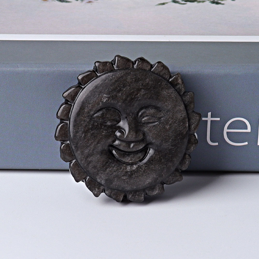 2 Inch Silver Obsidian Sun Face Crystal Figurine