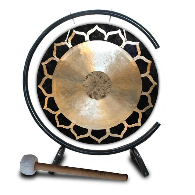 Decorative 20-inch Wind Gong with wooden mallet and ornate lotus petal frame