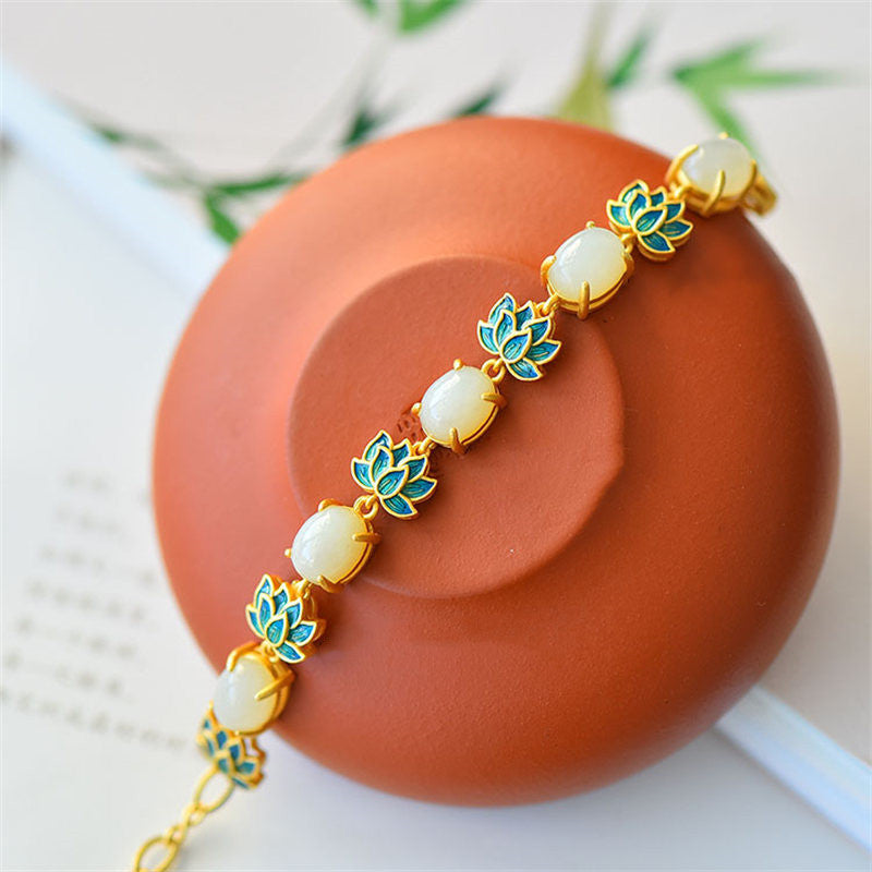 Bracelet de protection en jade blanc et jade cyan, symbole du lotus