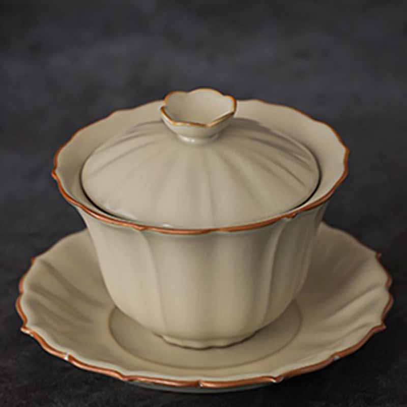 Service à thé Gaiwan en céramique beige à motif de fleurs de prunier, 120 ml