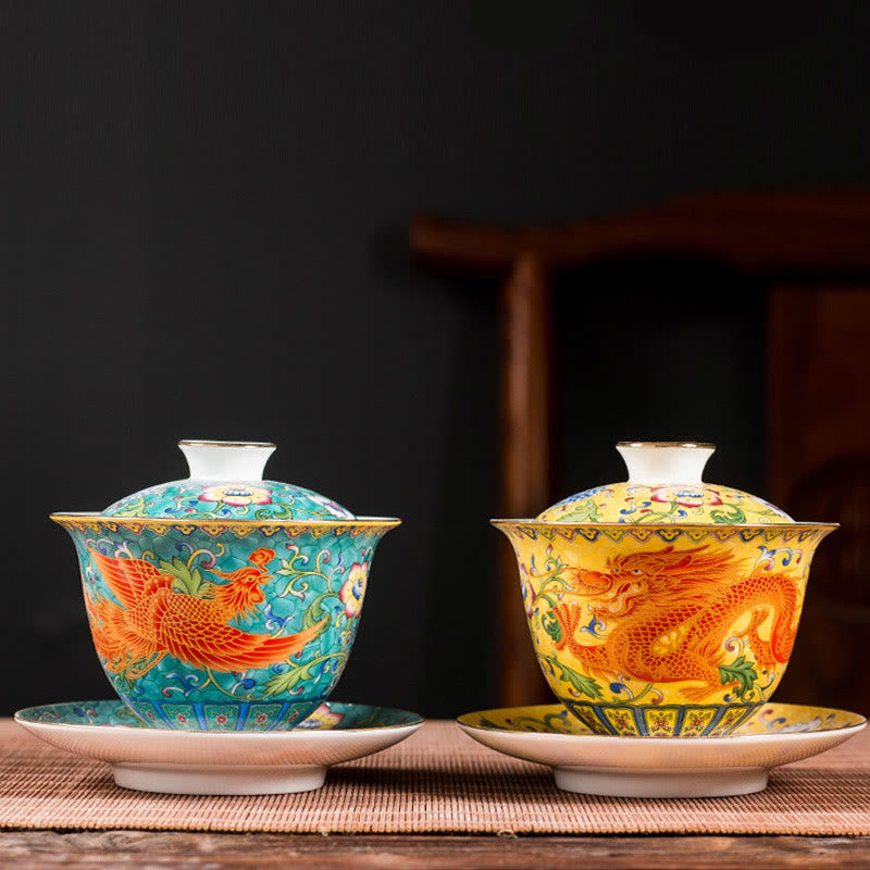 Tasse à thé en céramique Gaiwan Dragon Phoenix 160 ml avec couvercle