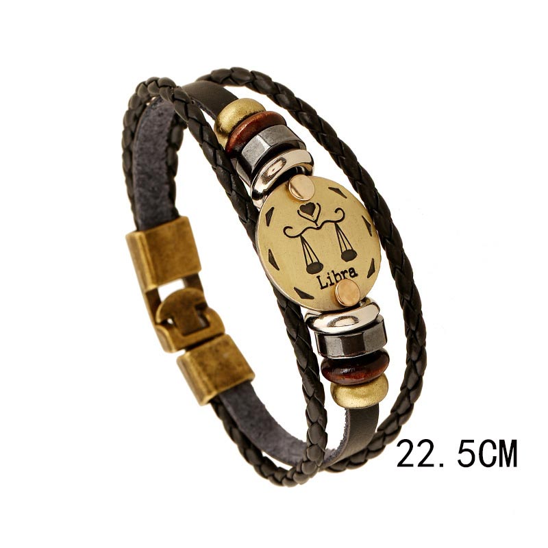 Bracelet à breloques en cuir hématite avec 12 constellations du zodiaque