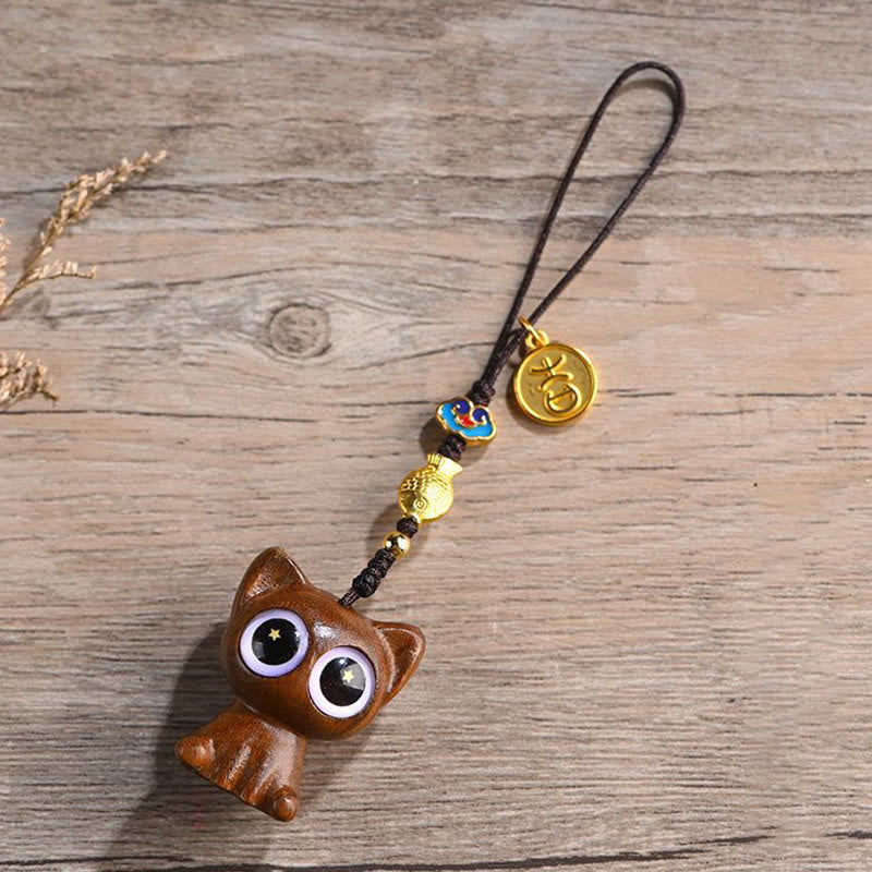 Porte-clés décoratif en forme de chat porte-bonheur en bois de santal vert