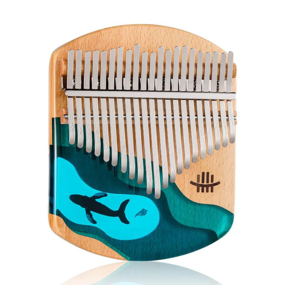 Wooden Kalimba thumb piano with turquoise ocean and shark design, 21 Key Beech & Resin