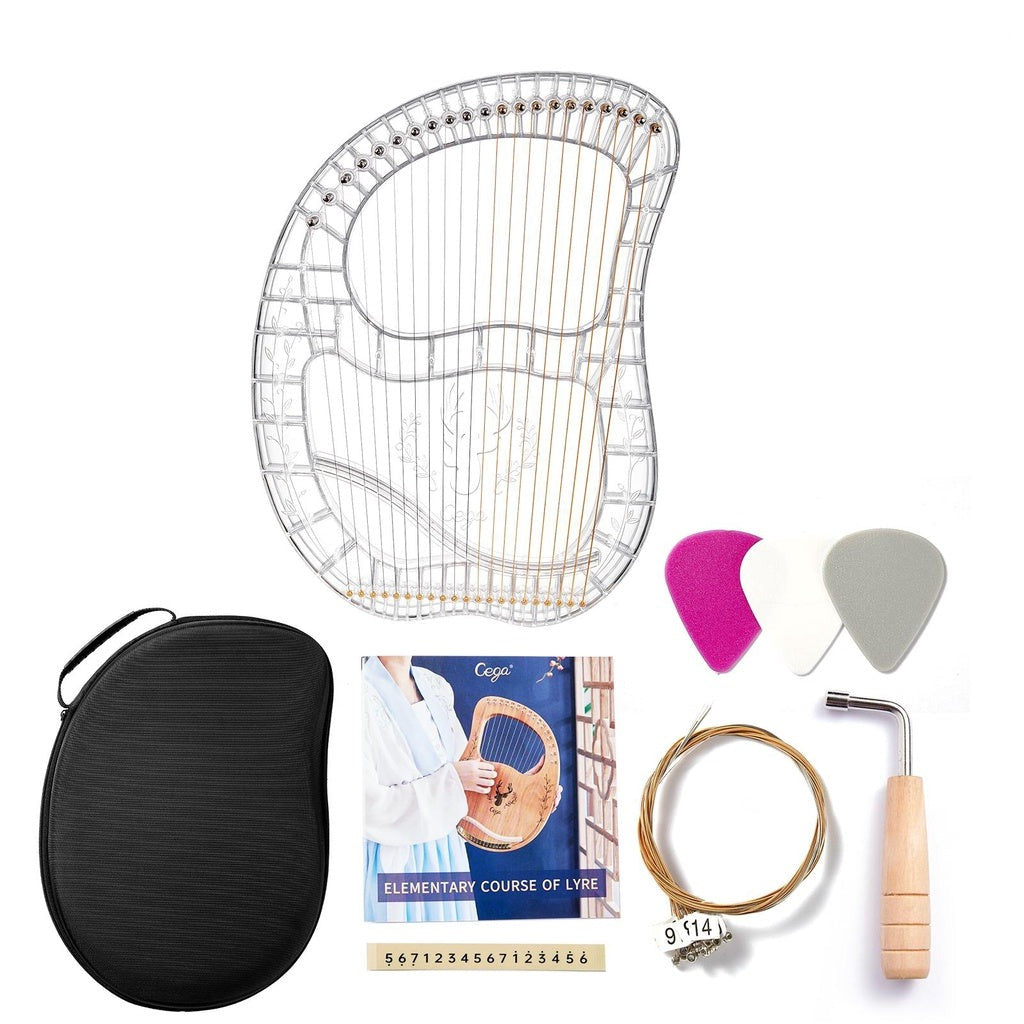 Transparent 21-String Crystal Lyre Harp Instrument with curved frame and strings