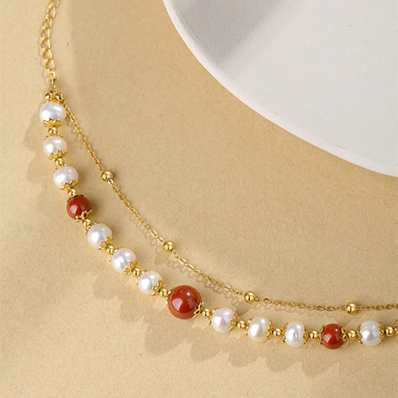 Bracelet double chaîne en argent 925 avec perles et cinabre