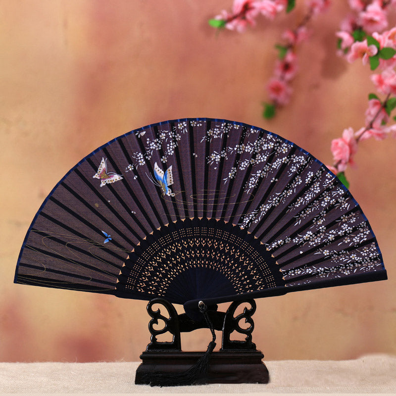Éventail en bambou 21 cm | Motif cerisiers en fleurs et papillons