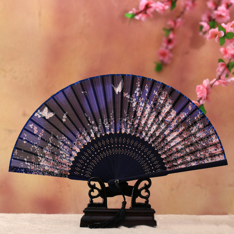 Éventail en bambou 21 cm | Motif cerisiers en fleurs et papillons