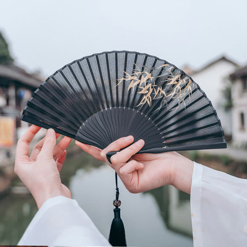 Éventail chinois pliable en soie, feuille de bambou noire, 21 cm