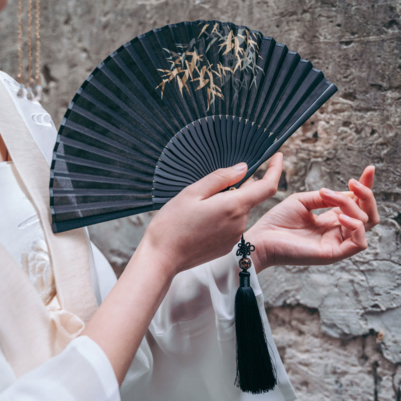 Éventail chinois pliable en soie, feuille de bambou noire, 21 cm