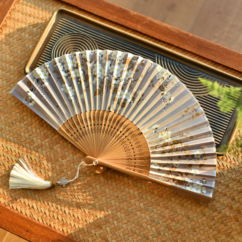Éventail chinois pliable 21 cm, fleurs de cerisier | Bambou et polyester