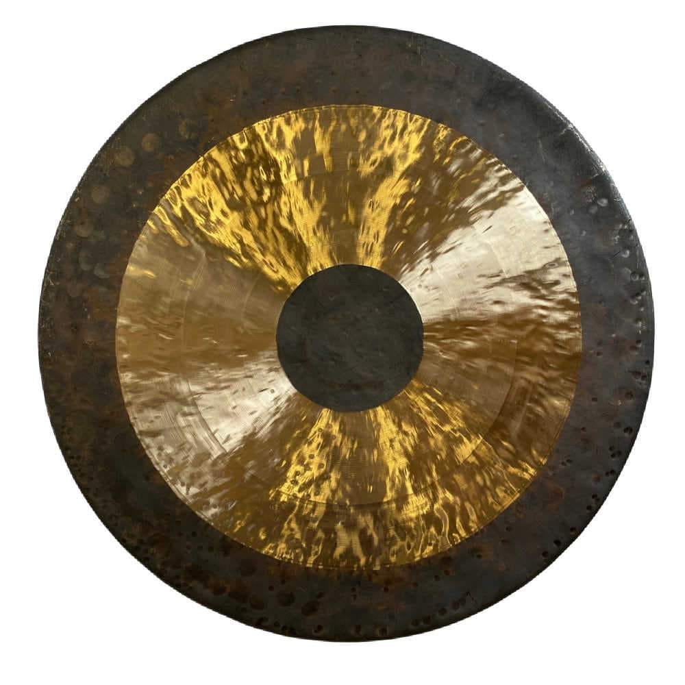 Traditional Chinese gong with golden center and dark rim in 22-inch size with beater