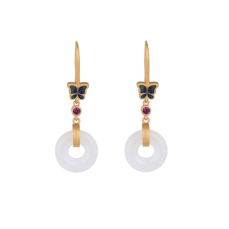 Boucles d'oreilles papillon porte-bonheur en jade blanc, 40 mm