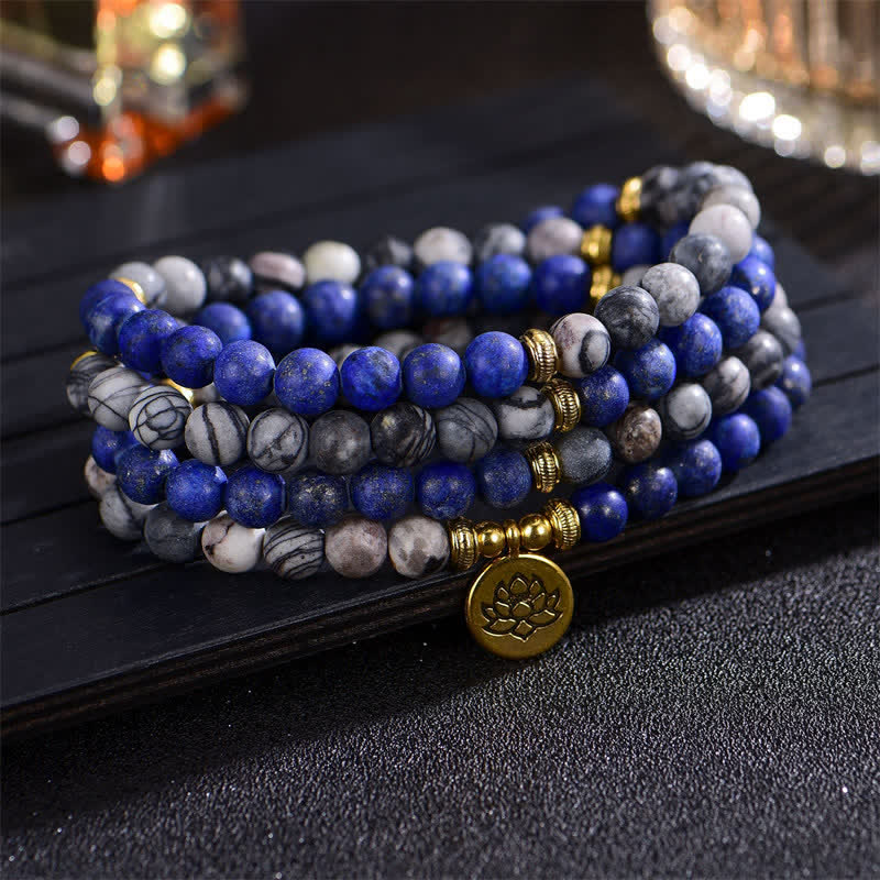 8mm Lotus Lotus Bracelet with Lazurite and Picasso Jasper for Balance