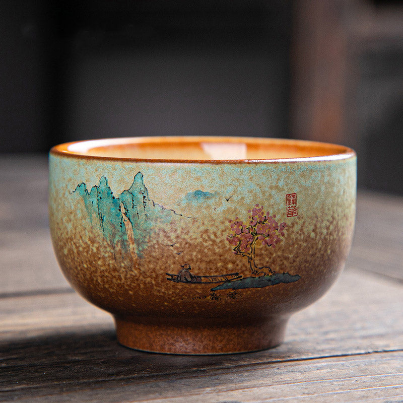 Ceramic Zen Teacup with Deer & Mountain Designs 150ml