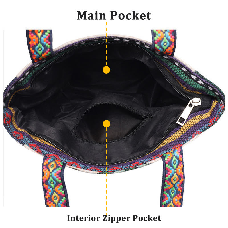 Grand sac fourre-tout en toile avec broderie éléphant et papillon - Charme spirituel