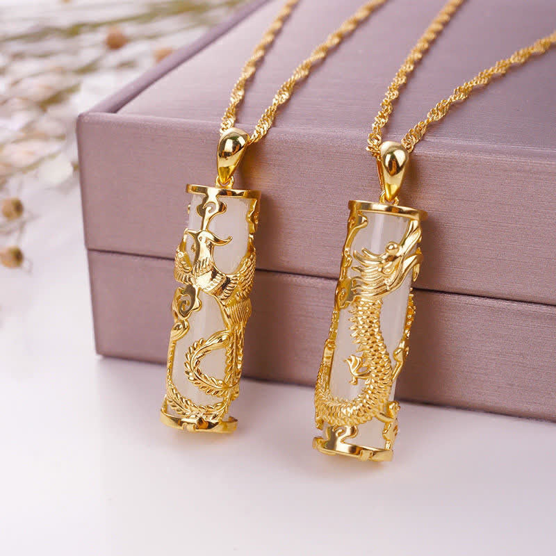 Collier Dragon Phénix en Jade Blanc | Pendentif Harmonie en Cuivre