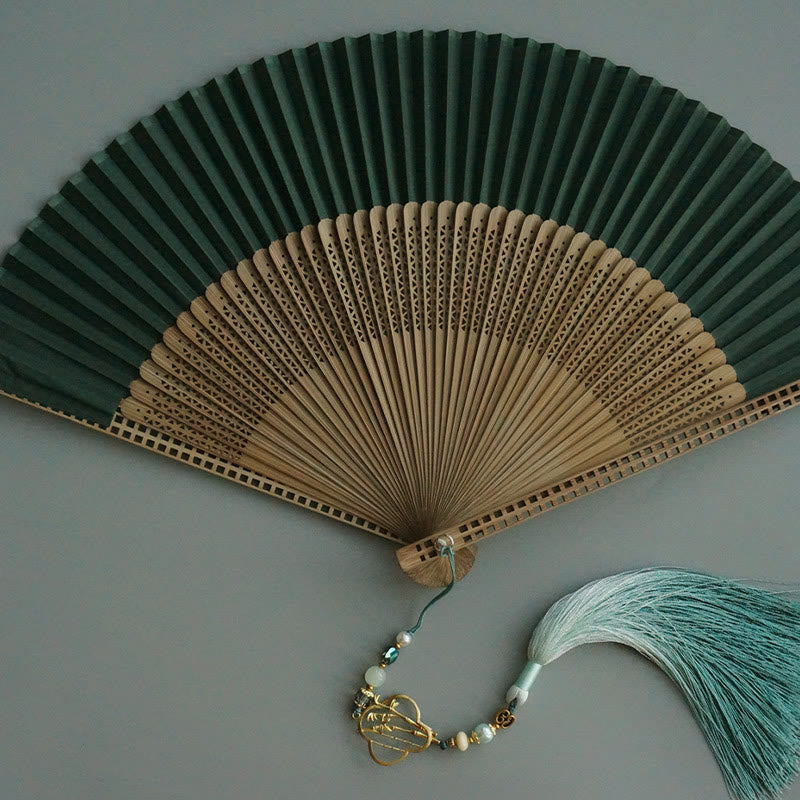 Éventail chinois pliable en bambou et soie, vert foncé, 22 cm