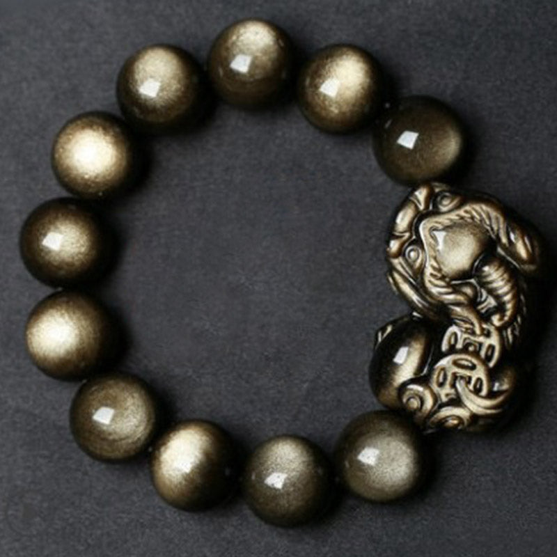 Bracelet de protection Pixiu en obsidienne dorée de 14 mm