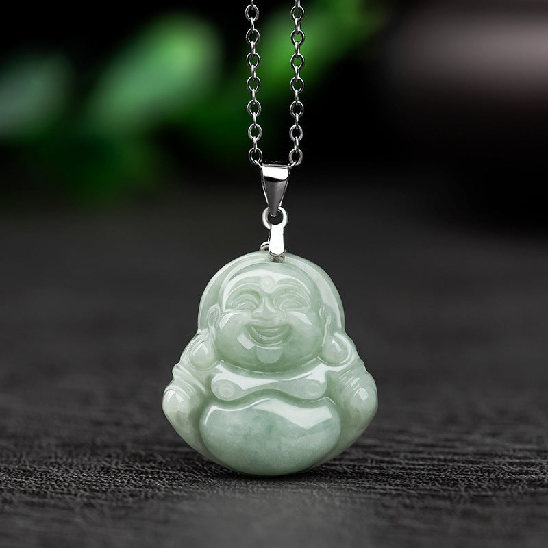 925 Sterling Silver Jade Laughing Buddha Necklace for Prosperity