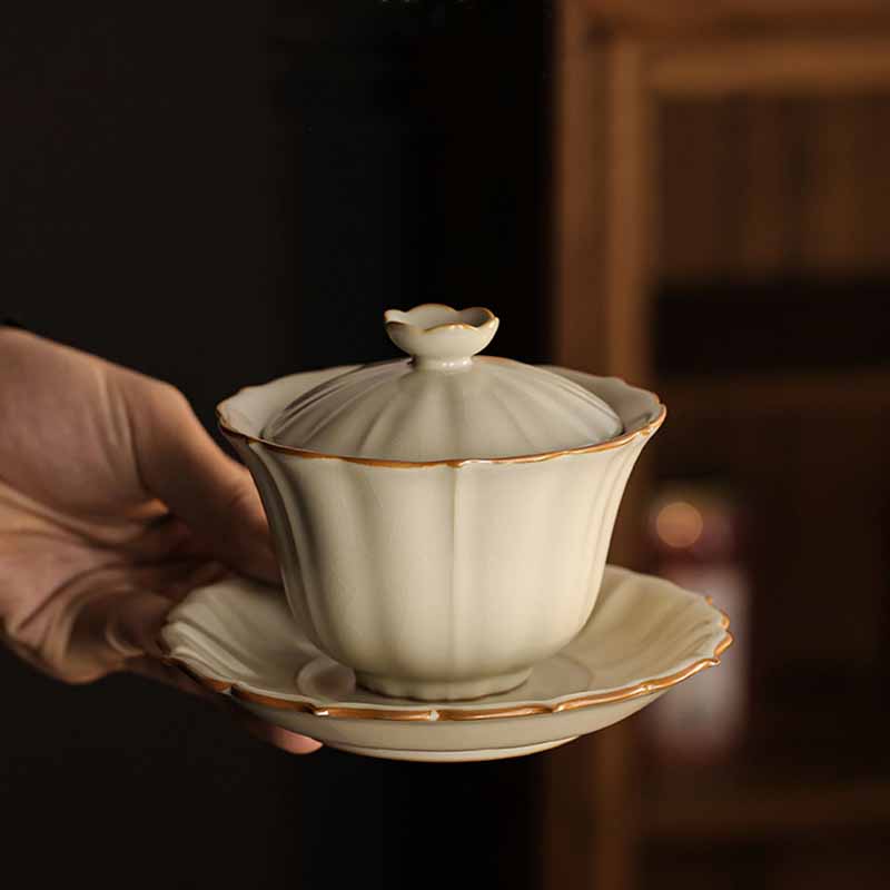 Service à thé Gaiwan en céramique beige à motif de fleurs de prunier, 120 ml