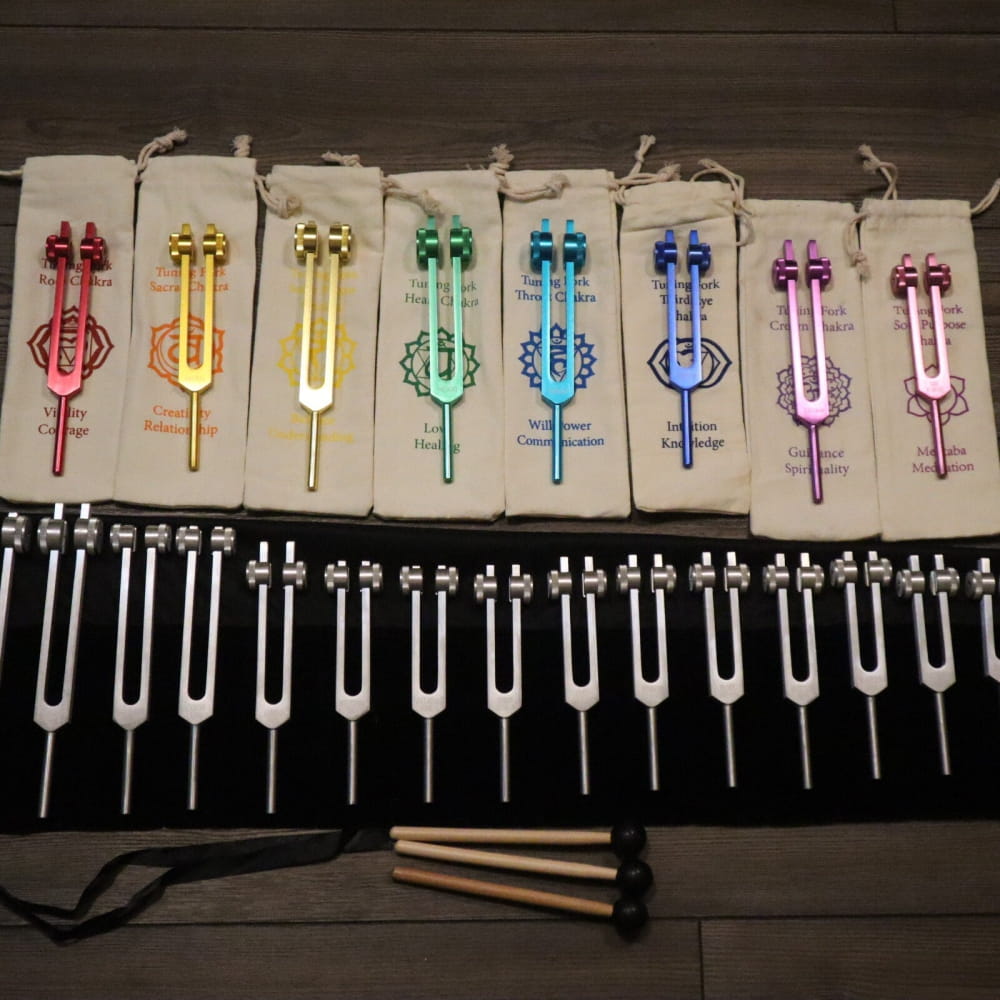 Collection of colorful tuning forks in rainbow order for Human Biology and Chakra healing