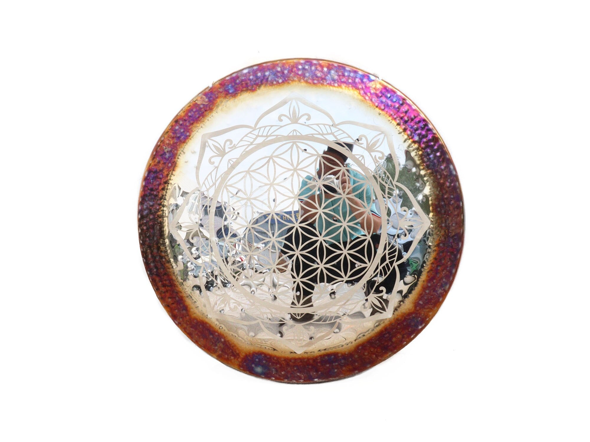 Iridescent crystal sphere with Flower of Life pattern on 24’’ Wind Gong Instrument