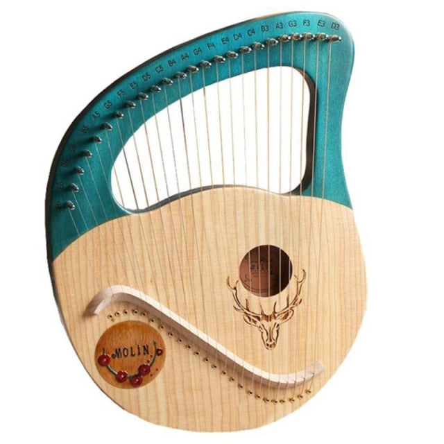 Wooden 24 String Lyre Harp with turquoise top and deer antler design, steel strings