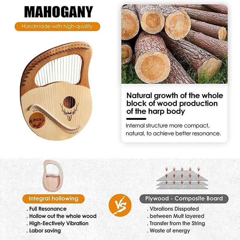 Wooden 24 String Lyre Harp Instrument with Steel Strings and elegant curved design