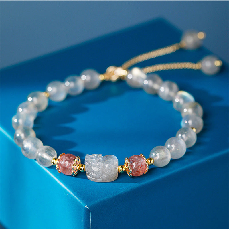 Bracelet de guérison Pixiu 6 mm avec aigue-marine, quartz fraise et améthyste