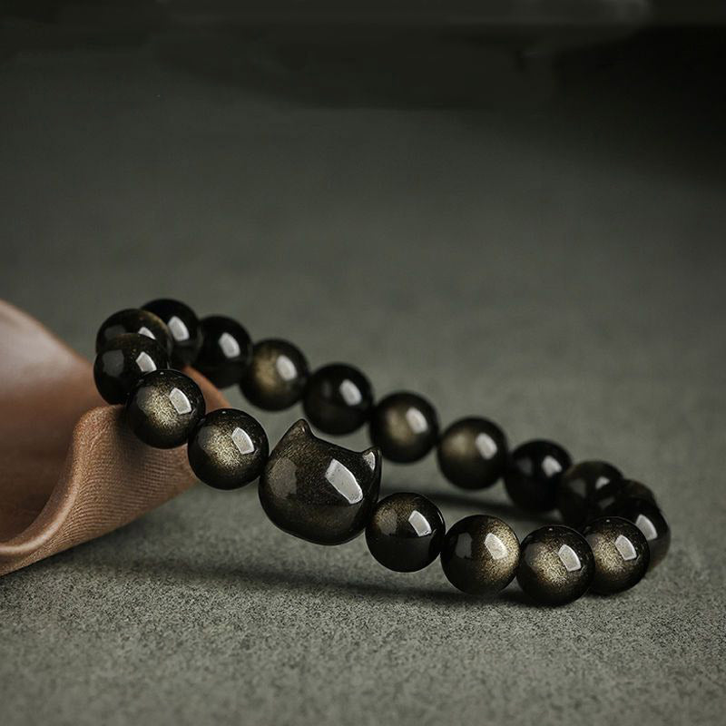 Gold Sheen Obsidian Lucky Cat Protection Bracelet 8mm