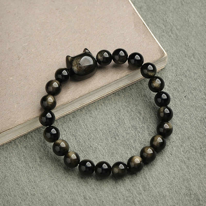 Gold Sheen Obsidian Lucky Cat Protection Bracelet 8mm