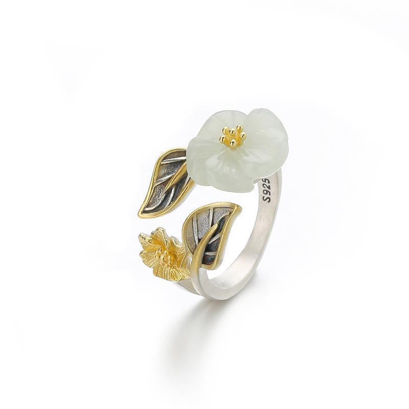 Bague porte-bonheur unisexe en jade blanc avec fleur de prunier en cuivre plaqué argent 925