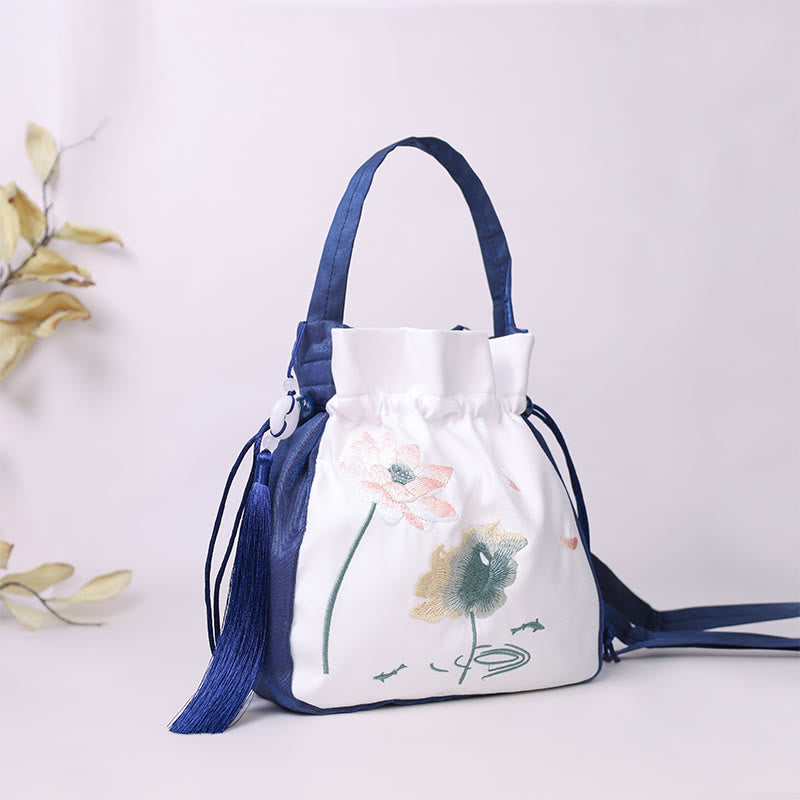 Sac fourre-tout en coton et lin avec broderie Lotus Koi 20 cm